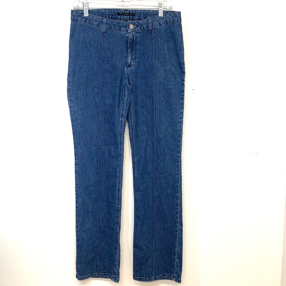 Theory Blue Pintuck Straight Leg Trouser Jeans Sz 10 Made in Italy Stretch Denim